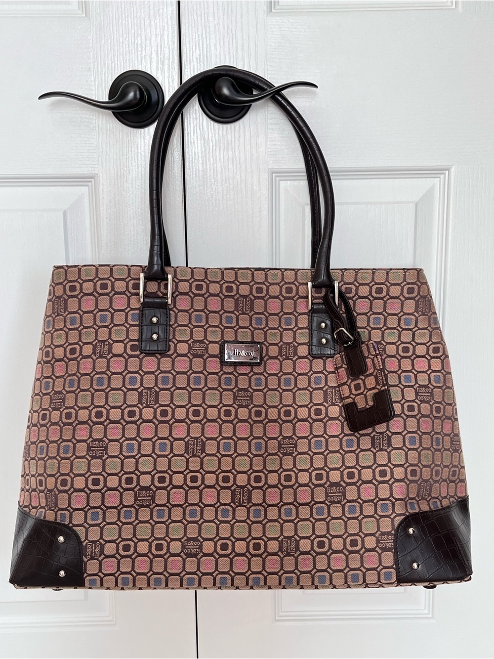 RARE Vintage Liz Claiborne Tapestry Fabric Faux-Croc Luggage Bag Geometric Y2K